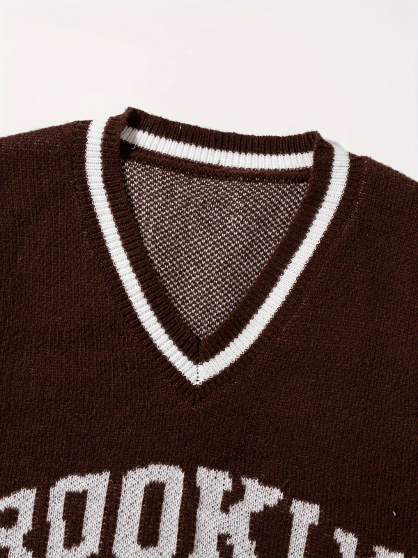 V-nyakú kötött mellény ujjatlan, Brooklyn Jacquard felirattal és fehér szegéllyel, 100% poliészter