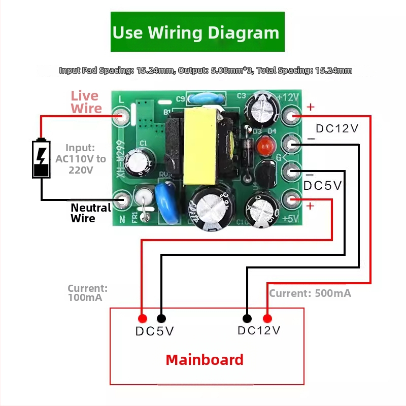 AC-DC prepínací napájací modul M299, vstup 110-220V, dvojitý výstup 12V a 5V, izolované napájanie.