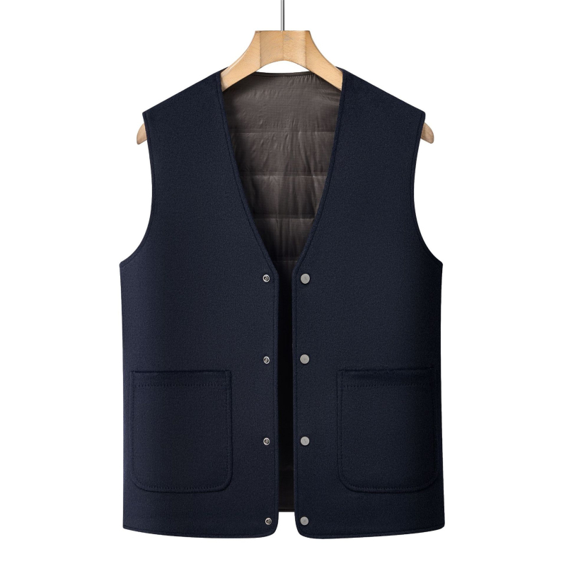 Férfi gyapjú ujjatlan mellény, téli vastag kivitel, gallér nélküli, egy soros zárás