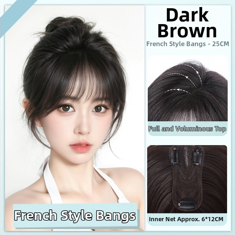 Περούκα με φράντζες για γυναίκες – χωρίς ραφές, κάλυψη κορυφής και όγκος (Μοντέλο: H-612 φράντζα; Υλικό: υψηλής θερμοκρασίας σύρμα; Τεχνολογία: μηχανισμός; Τύπος φράντας: ευθεία ή κλιτή; Αποτέλεσμα: αυξάνει τον όγκο και αλλάζει το στιλ)