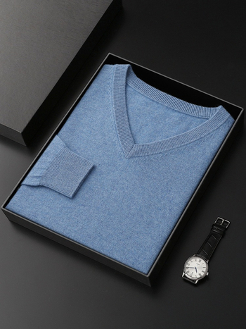 Мъжки кашмирен пуловер с V-образно деколте, корейски стил, прилепнал модел; съдържание на кашмир 41-45%, Зимна колекция 2024