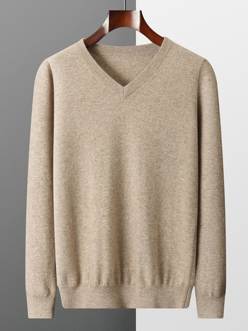 Мъжки кашмирен пуловер с V-образно деколте, корейски стил, прилепнал модел; съдържание на кашмир 41-45%, Зимна колекция 2024
