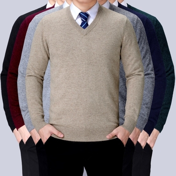 Мъжки кашмирен пуловер с V-образно деколте, дълъг ръкав, едноцветен, 95% кашмир и повече, без гладене, зима 2025