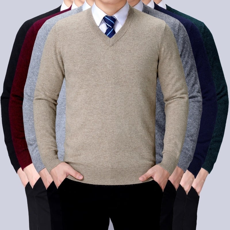 Muški kašmir pulover s V-izrezom, dugi rukav, jednobojan, 95% i više kašmira, bez glačanja, zima 2025