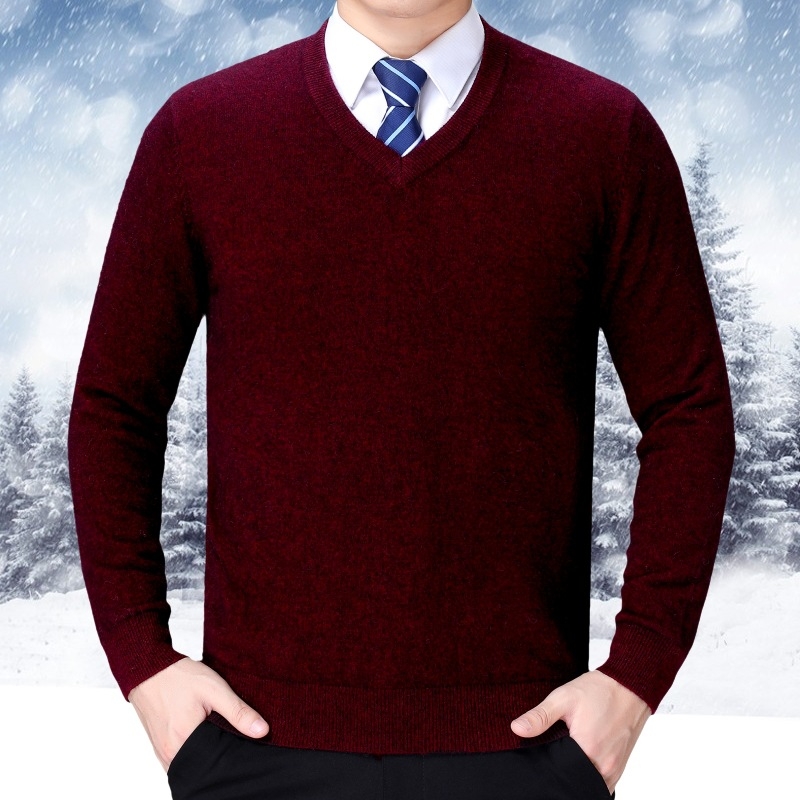 Мъжки кашмирен пуловер с V-образно деколте, дълъг ръкав, едноцветен, 95% кашмир и повече, без гладене, зима 2025