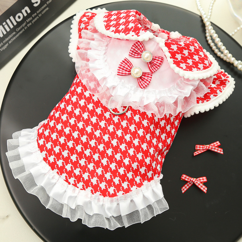 Suknja za kućne ljubimce u Celebrity stilu s houndstooth uzorkom, poliester, porijeklo Anhui, stil Japan i Južna Koreja, odjeća za kućne ljubimce