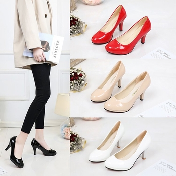 Ženske visoke potpetice, okrugli vrh, PU gornji dio, visina potpetice 6–8 cm, jednobojni uzorak