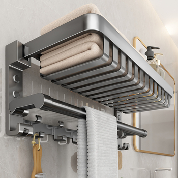 Raft de baie pentru prosoape cu coș din plasă, montaj fără găuri, aliaj de aluminiu, capacitate de încărcare de până la 150 kg, etajul doi, stil modern minimalist