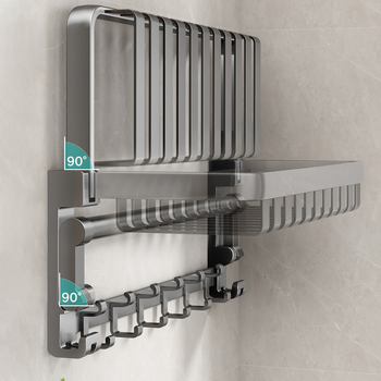 Raft de baie pentru prosoape cu coș din plasă, montaj fără găuri, aliaj de aluminiu, capacitate de încărcare de până la 150 kg, etajul doi, stil modern minimalist