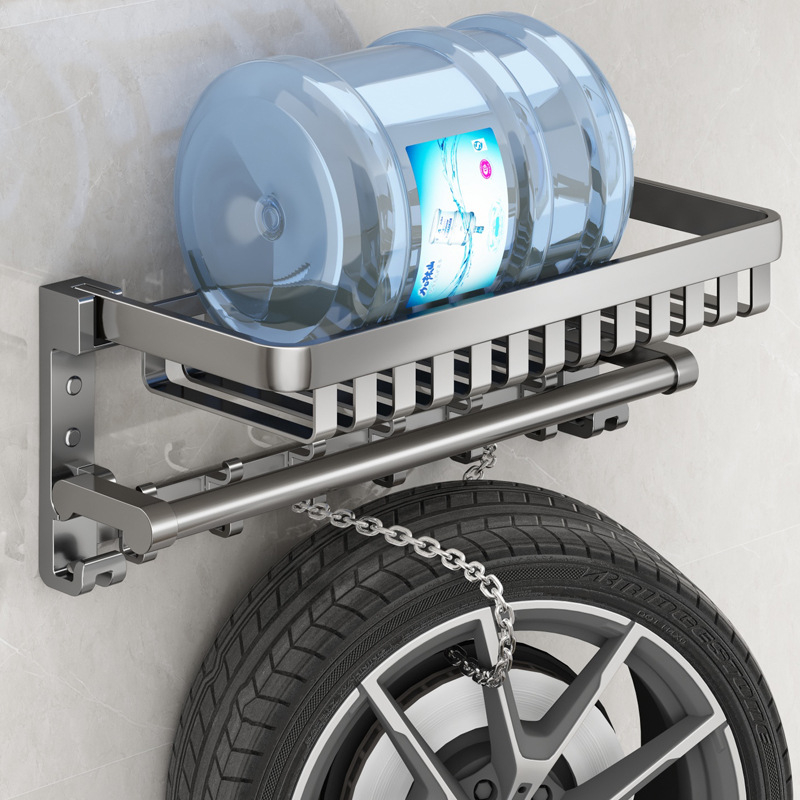 Raft de baie pentru prosoape cu coș din plasă, montaj fără găuri, aliaj de aluminiu, capacitate de încărcare de până la 150 kg, etajul doi, stil modern minimalist