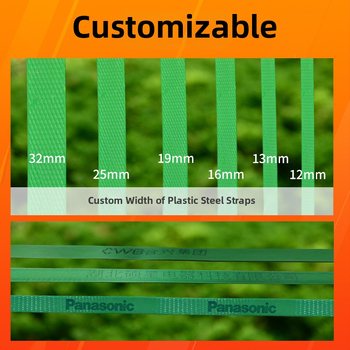 PET plastično-čelična traka za pakiranje, debljina 0,6–1,0 mm, napetost 420 kg, težina role 5–20 kg, topljiva traka za pakiranje