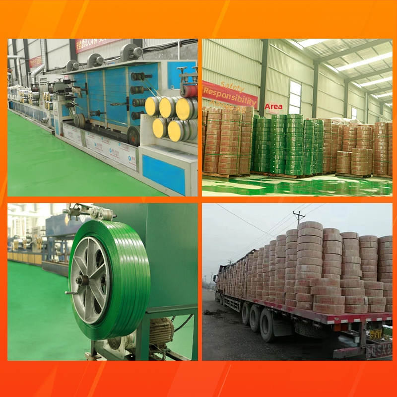 PET plastično-čelična traka za pakiranje, debljina 0,6–1,0 mm, napetost 420 kg, težina role 5–20 kg, topljiva traka za pakiranje