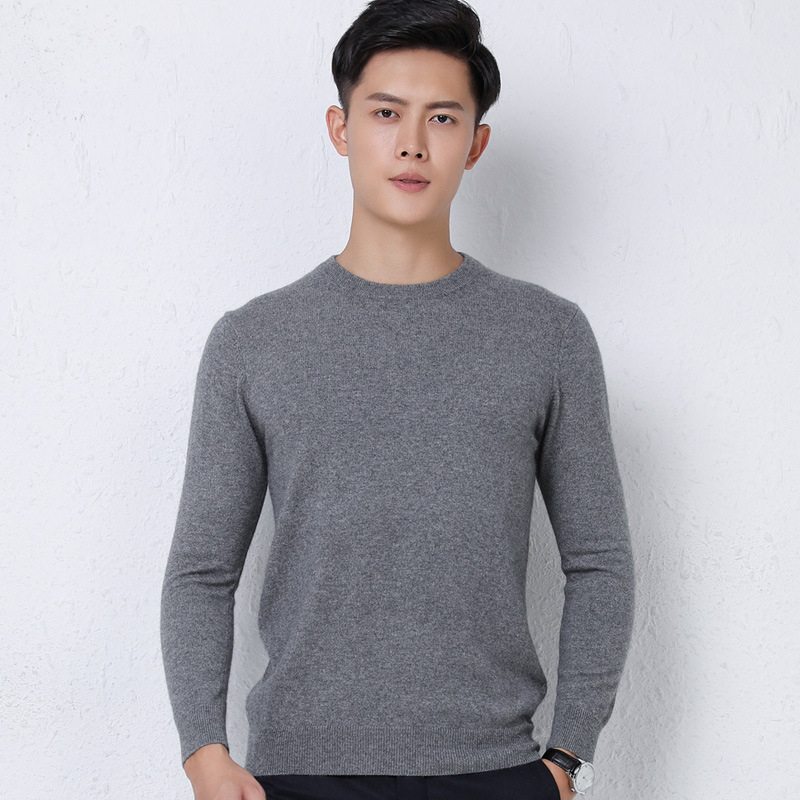 Мъжки кашмирен пуловер с кръгло деколте, свободен силует, дълги ръкави, 30–35% кашмир, есен