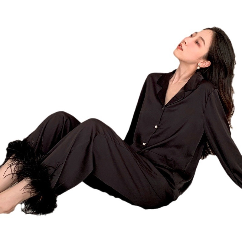 Ženski pyjama set od led silke, dugi rukavi, rever ovratnik, lagano i prozračno, 141–160 g/m2