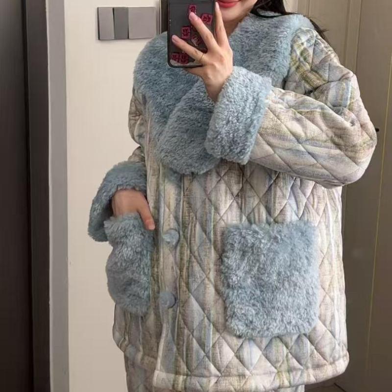 Ženski zimski set pidžama, kućna odjeća, kardigan stil, poliester, izuzetno debeli materijal (351–400 g/m2), dugi rukavi