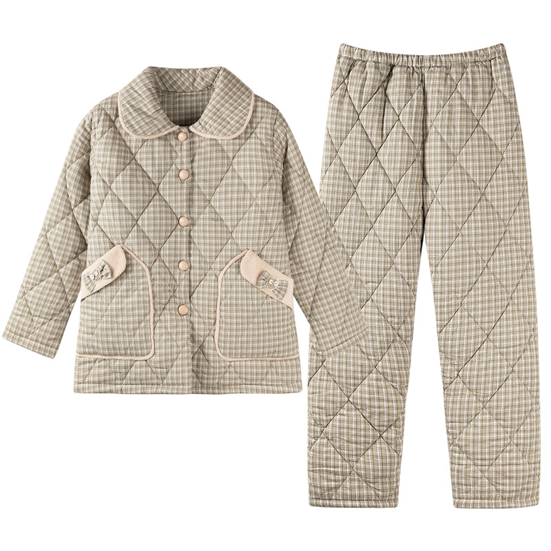 Ženski pidžama set s prešivanom materijalom, kardigan stil, rever ovratnik, ekstra debeo materijal 401–500 g/m²