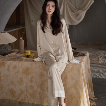 Set pidžama od ice silk za žene, kardigan s ovratnikom lapel, dugi rukavi, lagana tkanina, 161–180 g/m², udobna odjeća za proljeće i jesen