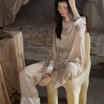 Set pidžama od ice silk za žene, kardigan s ovratnikom lapel, dugi rukavi, lagana tkanina, 161–180 g/m², udobna odjeća za proljeće i jesen