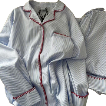 Női pizsama garnitúra hosszú ujjú, kardigán stílus, csíkos minta, poliészter anyag, közép vastagság, 2025 tavaszi kiadás