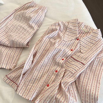 Női pizsama szett francia stílusban, hosszú ujjú és hosszú nadrággal, csíkos minta, könnyű anyag, tavasz–ősz, hordható kint