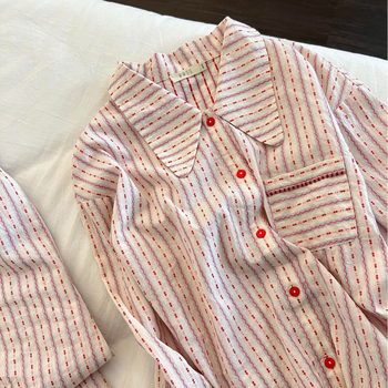 Női pizsama szett francia stílusban, hosszú ujjú és hosszú nadrággal, csíkos minta, könnyű anyag, tavasz–ősz, hordható kint