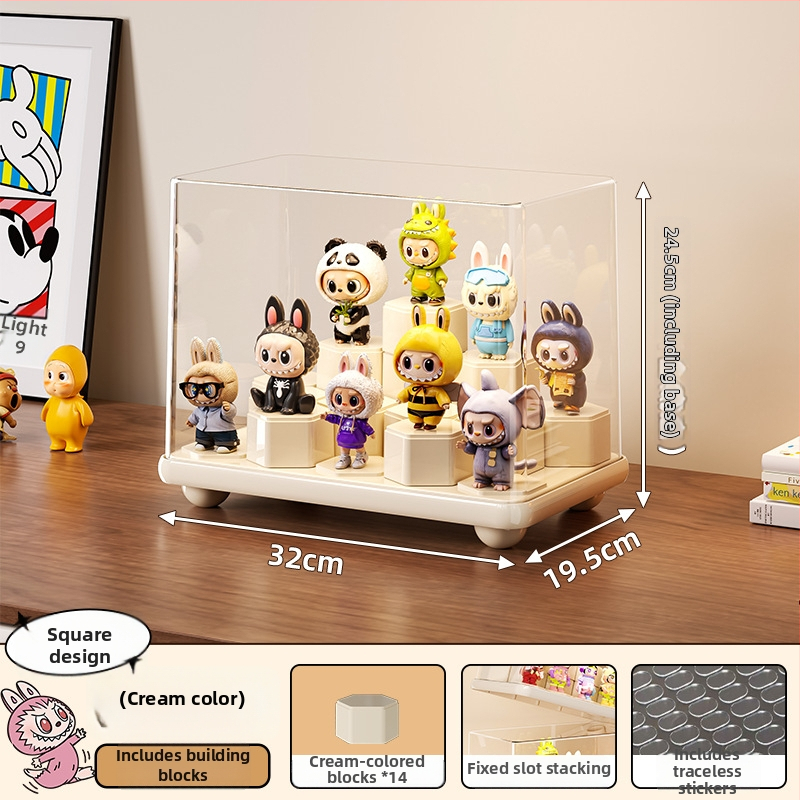 Kutija za prikaz blind boxa, plastična, s poklopcem, prašno otporna, sklopački dizajn — za Bubble Mart lutke; model Rme-8545-8547-display box; materijal HIPS/PP/PS