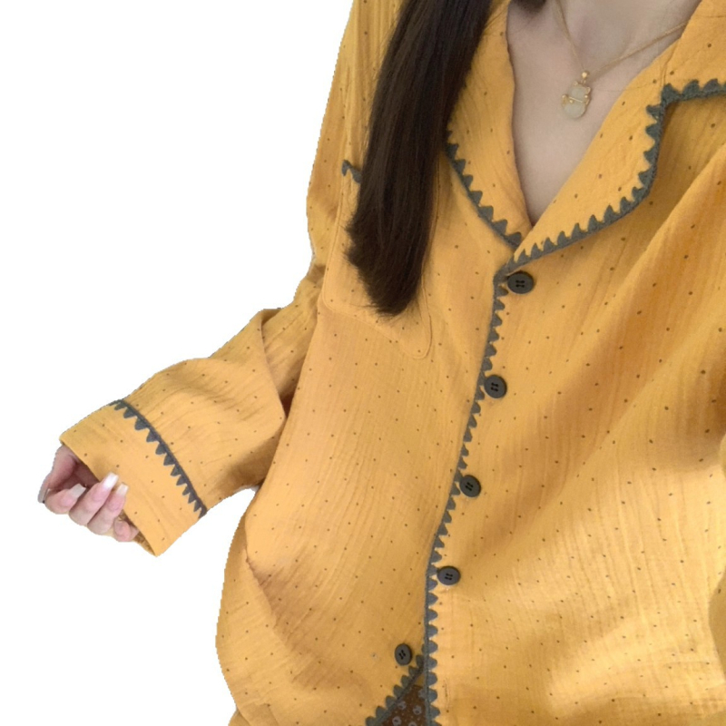 Set pidžama s točkasti printom, korejskog stila, s dugim rukavima i hlačama, Cloud Cotton tkanina, 90–95% poliestera, srednja težina