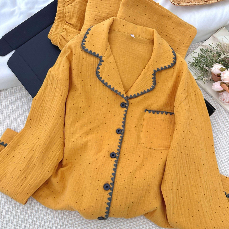 Set pidžama s točkasti printom, korejskog stila, s dugim rukavima i hlačama, Cloud Cotton tkanina, 90–95% poliestera, srednja težina