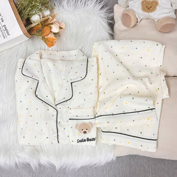 Ženski set pidžama od cloud pamuka, sladak i nježan stil, tanka tkanina 121-140 g/m², rever ovratnik, dugi rukavi, pidžama hlače