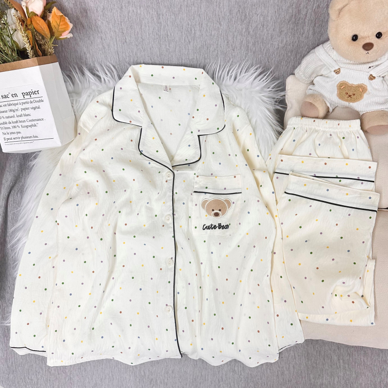 Ženski set pidžama od cloud pamuka, sladak i nježan stil, tanka tkanina 121-140 g/m², rever ovratnik, dugi rukavi, pidžama hlače