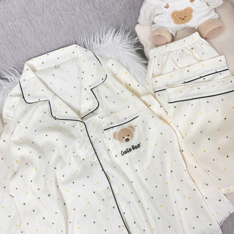 Ženski set pidžama od cloud pamuka, sladak i nježan stil, tanka tkanina 121-140 g/m², rever ovratnik, dugi rukavi, pidžama hlače