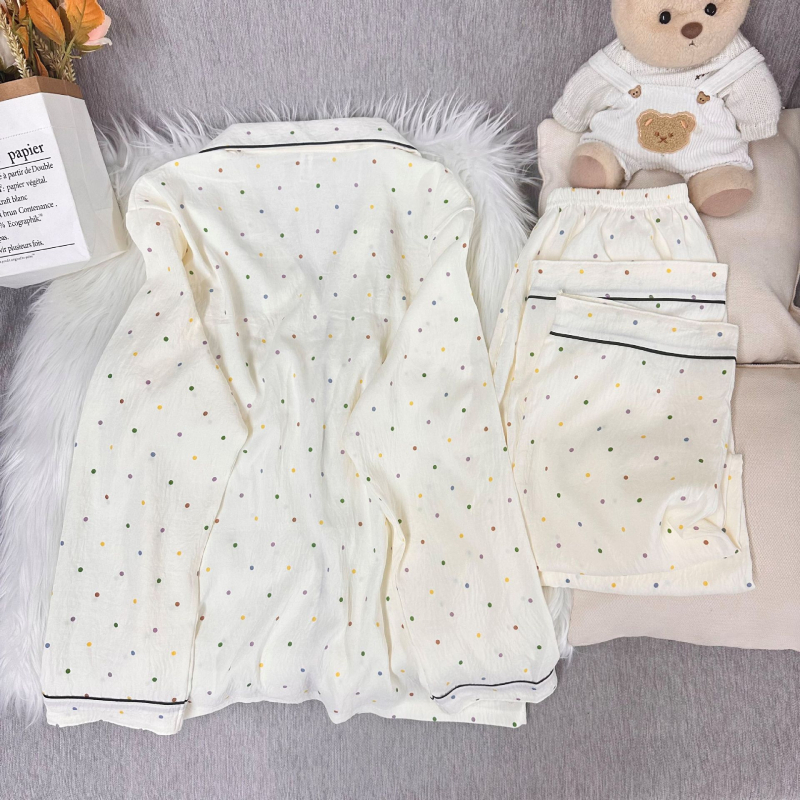 Ženski set pidžama od cloud pamuka, sladak i nježan stil, tanka tkanina 121-140 g/m², rever ovratnik, dugi rukavi, pidžama hlače