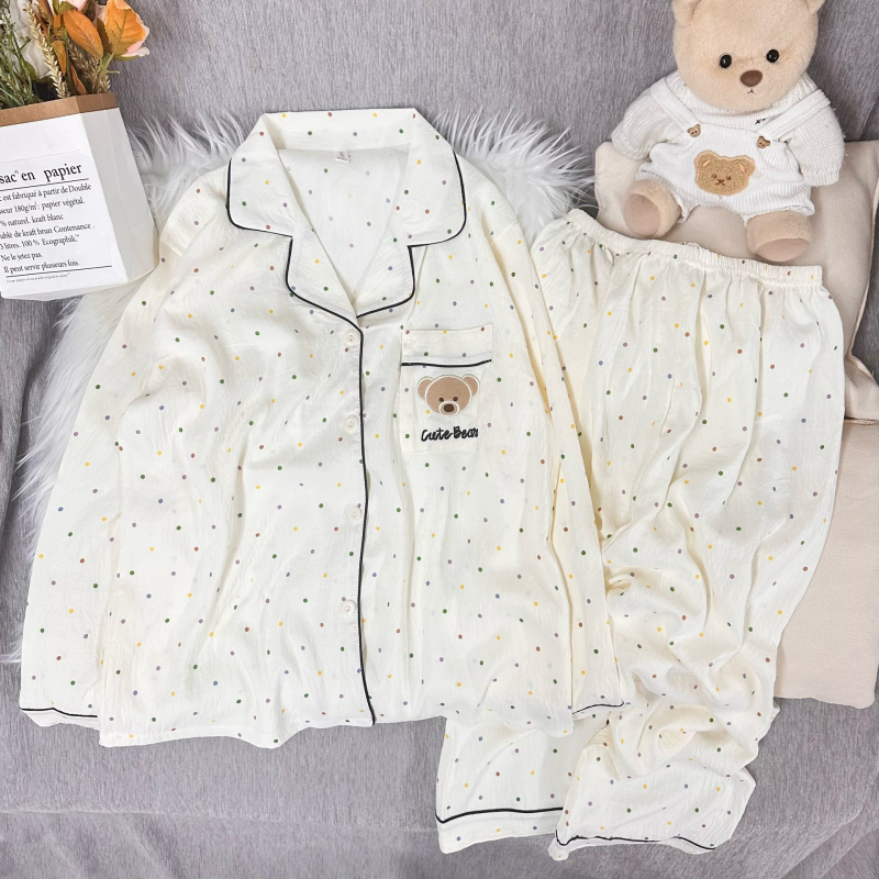 Ženski set pidžama od cloud pamuka, sladak i nježan stil, tanka tkanina 121-140 g/m², rever ovratnik, dugi rukavi, pidžama hlače
