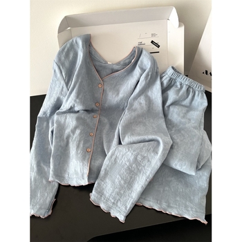 Ženski set pidžama od poliestera s dugim rukavima i dugim hlačama, okrugli vrat, srednja debljina 201–250 g/m2, casual kućni outfit za jesen