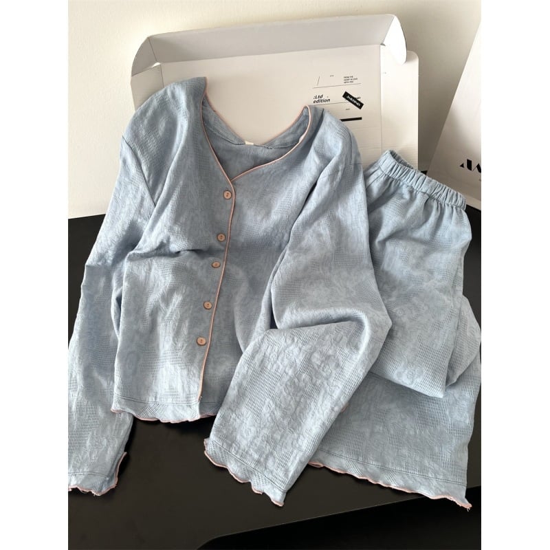 Ženski set pidžama od poliestera s dugim rukavima i dugim hlačama, okrugli vrat, srednja debljina 201–250 g/m2, casual kućni outfit za jesen