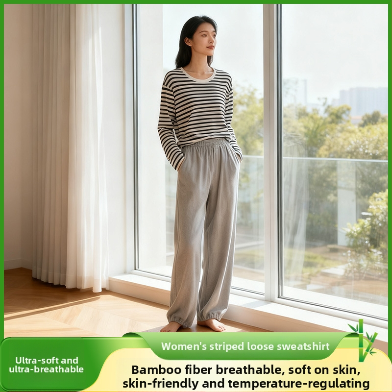 Pajama vrh od bambusovih vlakana, prugasti dizajn, okrugli izrez, dugi rukavi, srednja debljina 251–300 g/m²