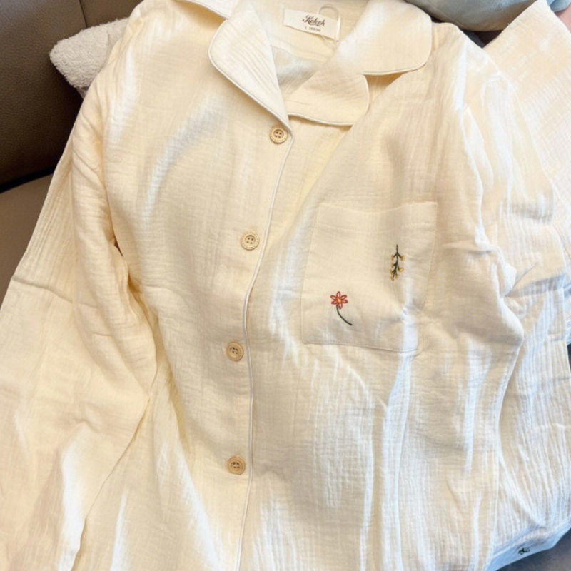 Ženski dvodjelni pamučni pidžama set, gornji dio s dugim rukavom i hlače, korejski slatki stil Bubble Cotton, za sve sezone