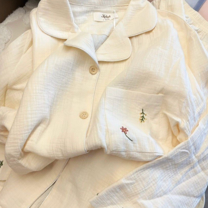 Ženski dvodjelni pamučni pidžama set, gornji dio s dugim rukavom i hlače, korejski slatki stil Bubble Cotton, za sve sezone