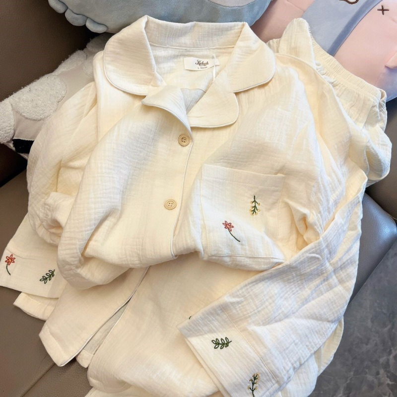 Ženski dvodjelni pamučni pidžama set, gornji dio s dugim rukavom i hlače, korejski slatki stil Bubble Cotton, za sve sezone