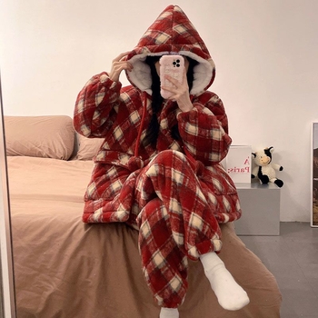 Zimski set pidžama s trostrukom pamučnom podlogom, karirani uzorak, debeli fleece, dugi rukavi, duge hlače