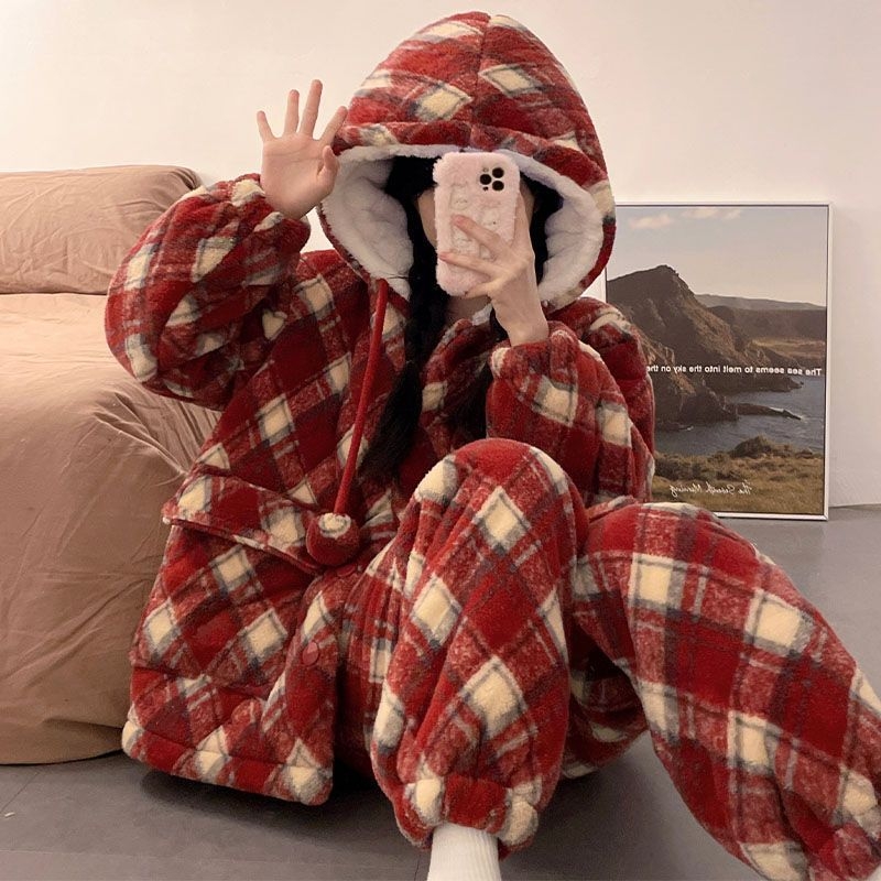 Zimski set pidžama s trostrukom pamučnom podlogom, karirani uzorak, debeli fleece, dugi rukavi, duge hlače