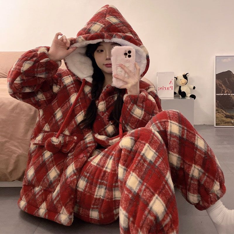Zimski set pidžama s trostrukom pamučnom podlogom, karirani uzorak, debeli fleece, dugi rukavi, duge hlače