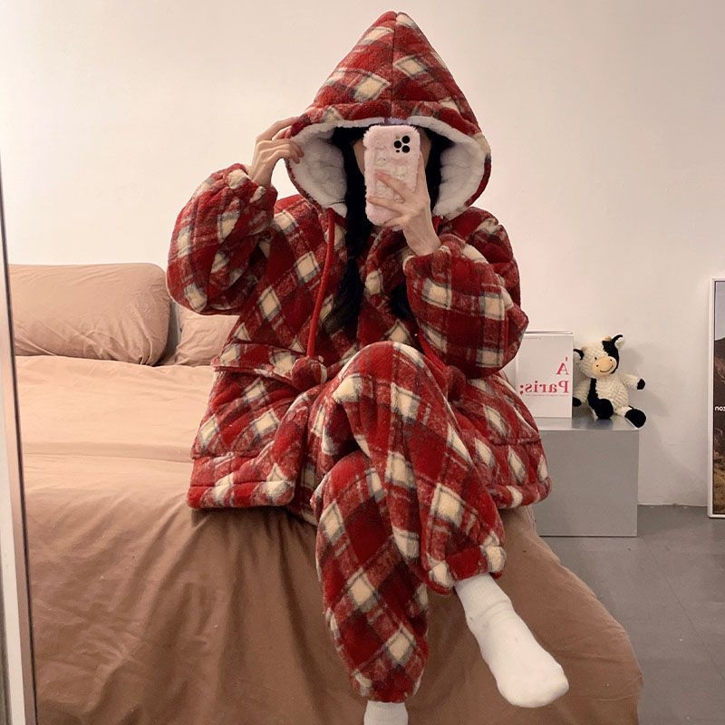 Zimski set pidžama s trostrukom pamučnom podlogom, karirani uzorak, debeli fleece, dugi rukavi, duge hlače