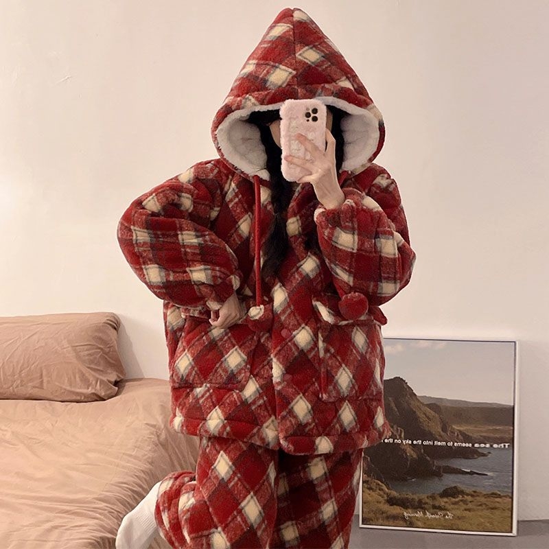 Zimski set pidžama s trostrukom pamučnom podlogom, karirani uzorak, debeli fleece, dugi rukavi, duge hlače