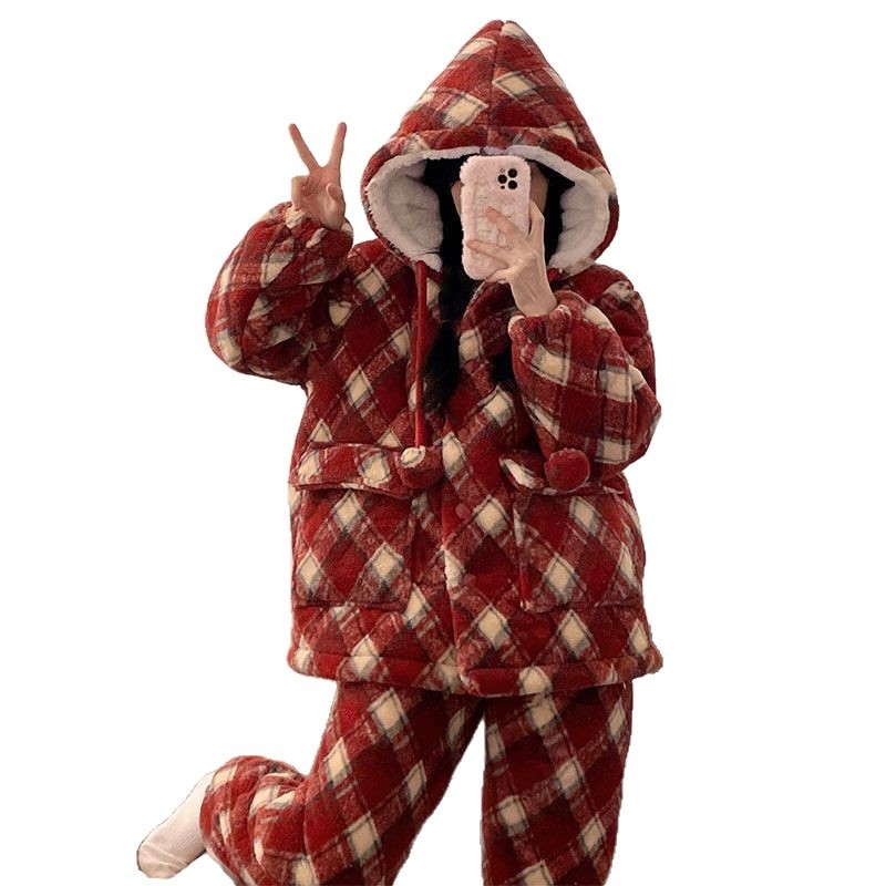 Zimski set pidžama s trostrukom pamučnom podlogom, karirani uzorak, debeli fleece, dugi rukavi, duge hlače