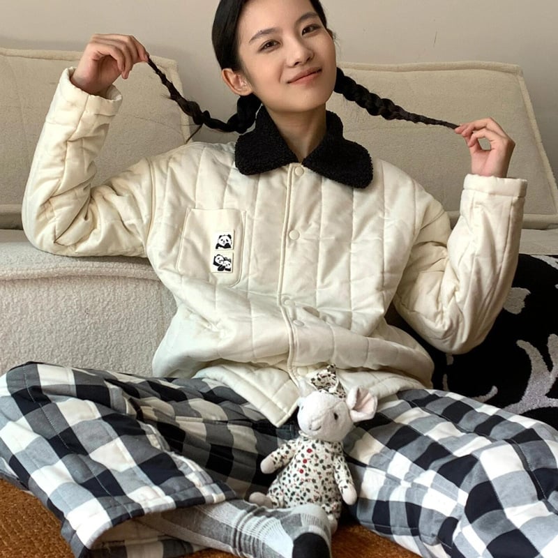 Ženski zimski pyjama set s Panda karirama, debeli flek, kompozitni velur, dugačka rukavi i hlače, udobna kućna odjeća