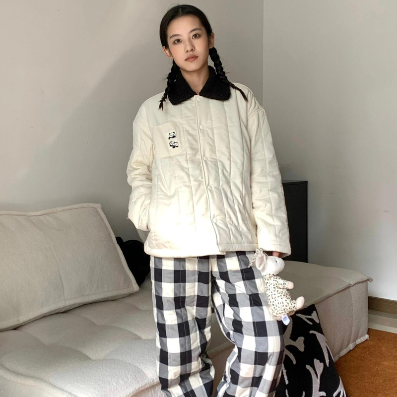 Ženski zimski pyjama set s Panda karirama, debeli flek, kompozitni velur, dugačka rukavi i hlače, udobna kućna odjeća
