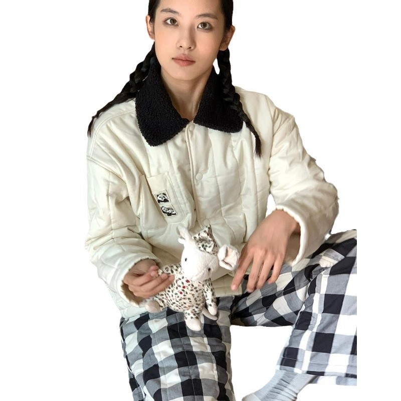 Ženski zimski pyjama set s Panda karirama, debeli flek, kompozitni velur, dugačka rukavi i hlače, udobna kućna odjeća