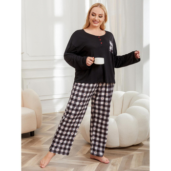 Ženski dvodijelni pidžama set, pulover stil, tan tkiva, miješavina poliestera i pamuka + mliječna svila, dugi rukavi, hlače, ovratnik u obliku slova U