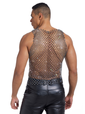 Muška majica bez rukava s rhinestones mrežastim uzorkom i prozirnim efektom, okrugli vrat, uski kroj, Ice Silk materijal